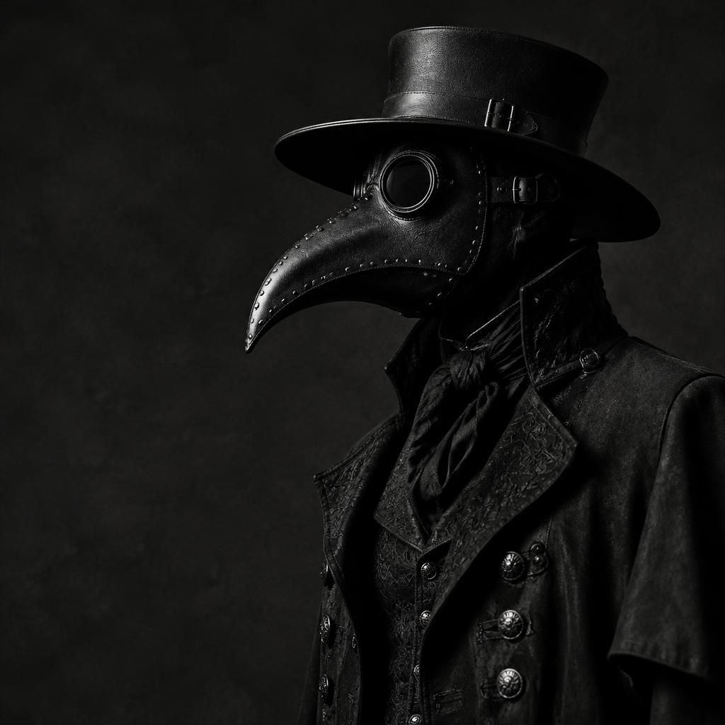 Pestdoktor i detaljeret lædermaske og victoriansk kostume